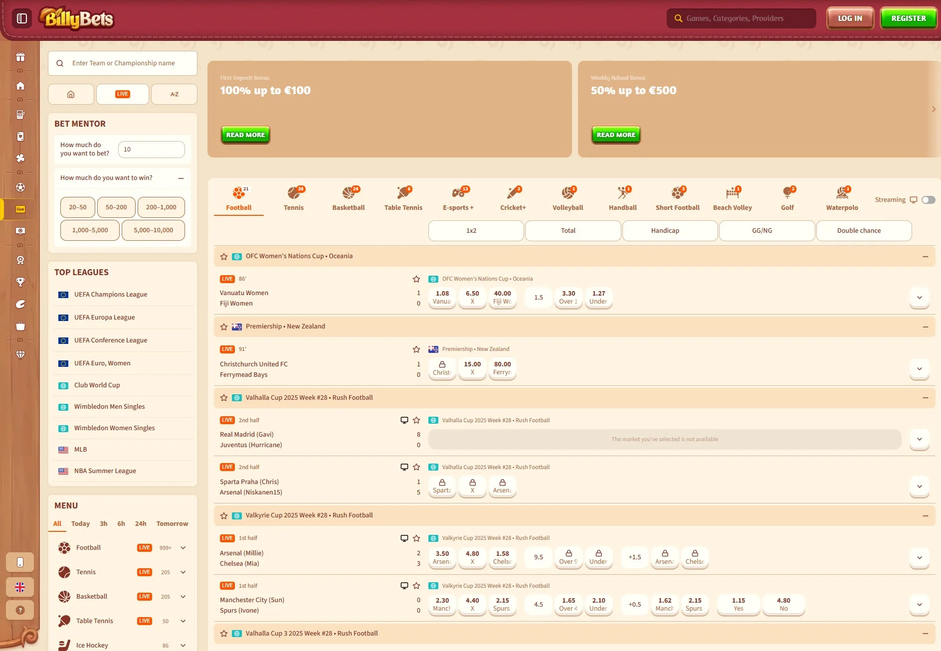 Live Στοίχημα BillyBets Interface