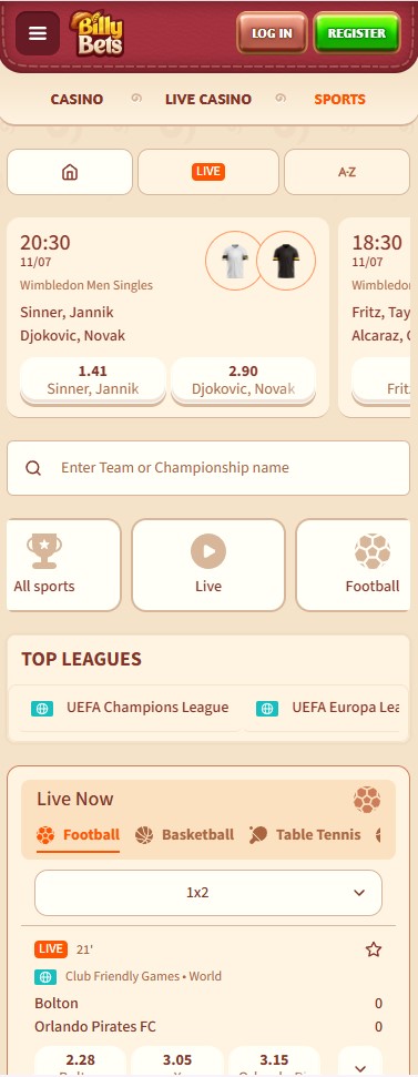 Η εφαρμογή αθλητικών στοιχημάτων της BillyBets σε κινητό τηλέφωνο